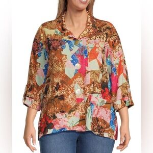 Ali Miles Abstract Artsy Print Button Front Tunic Top 3/4 Sleeve Size 2X NWT